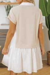 Collared Neck Buttoned Patchwork Short Sleeve Mini Dress OutfitFlow